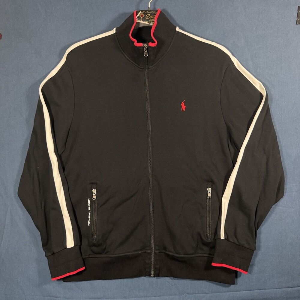 Polo Ralph Lauren Jacket Black Performance Track Pony Zip Stripe Men’s Large